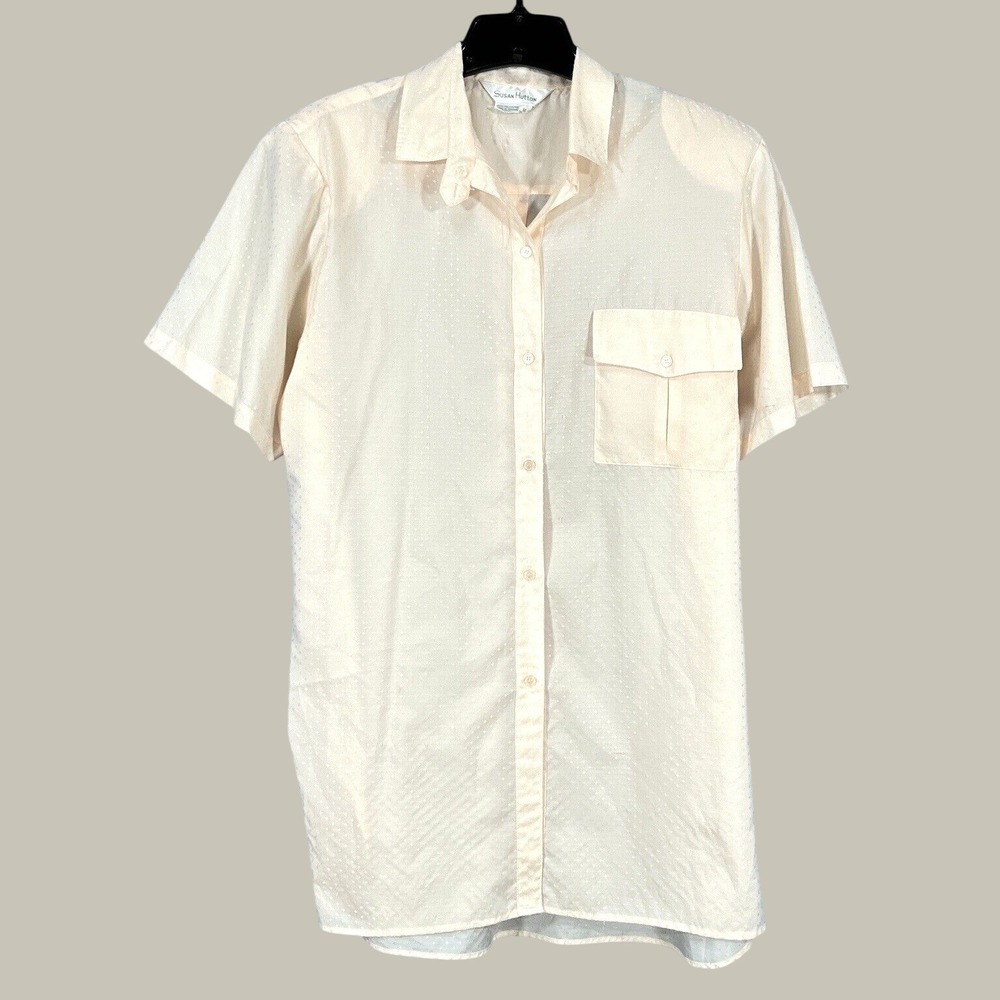 VTG SUSAN HUTTON Thin Satin Peach DIAMOND PRINT Button-Up SHIRT/TOP Blouse  16